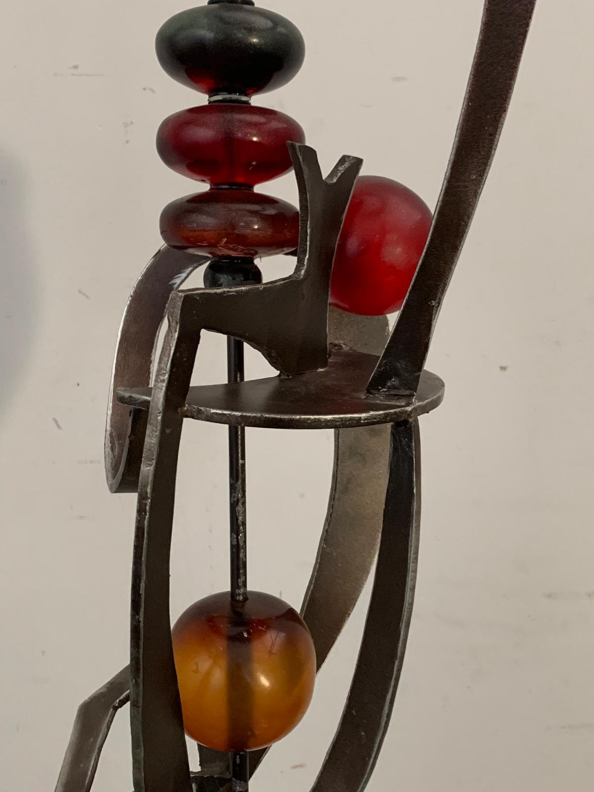 Modern Unknown Artist, Futuristic Juggler Sculpture, Wrought Iron and Colored Resin For Sale