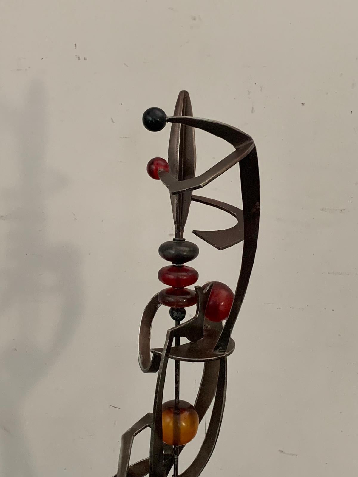 Late 20th Century Unknown Artist, Futuristic Juggler Sculpture, Wrought Iron and Colored Resin For Sale