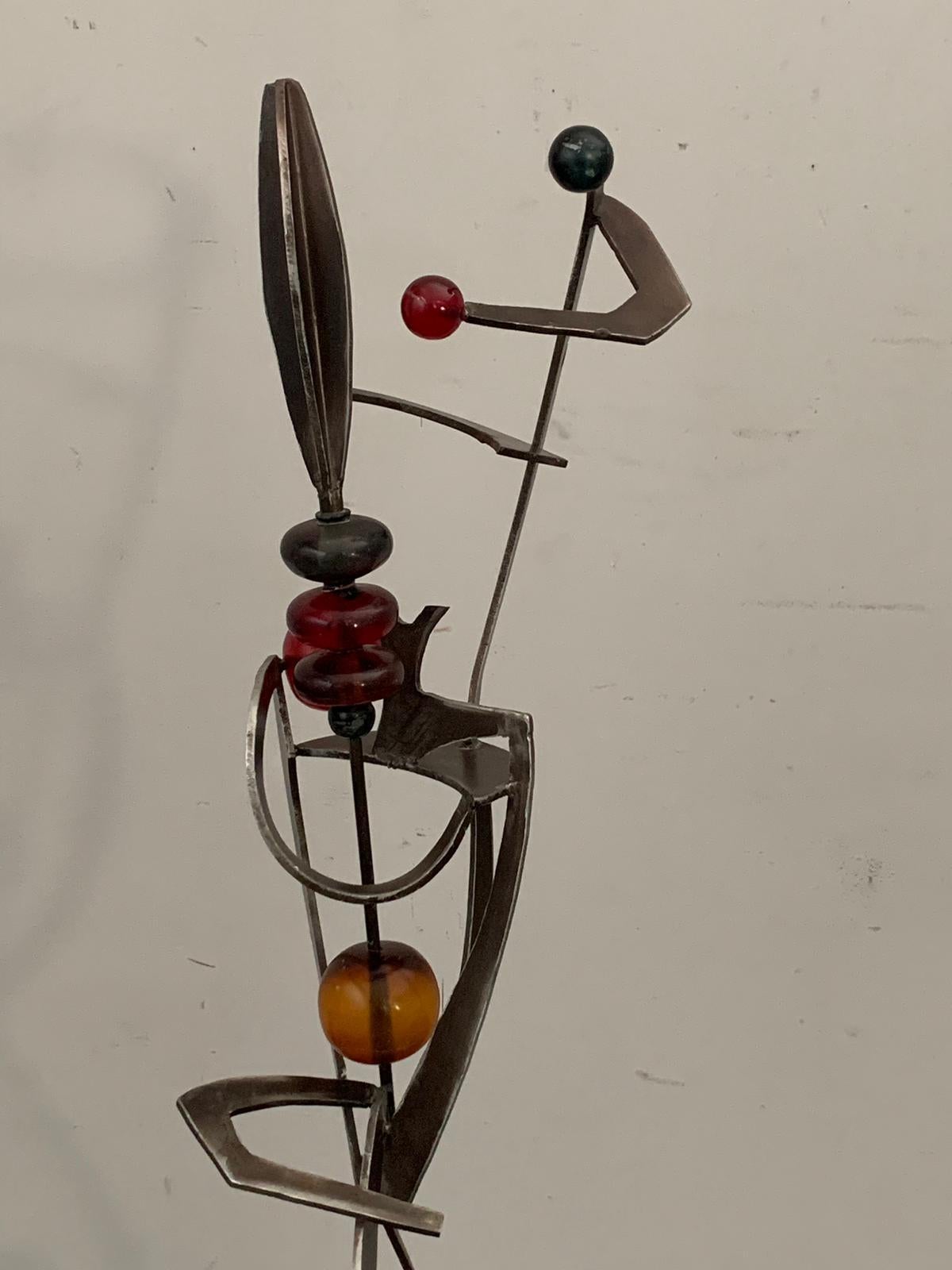 Unknown Artist, Futuristic Juggler Sculpture, Wrought Iron and Colored Resin For Sale 1