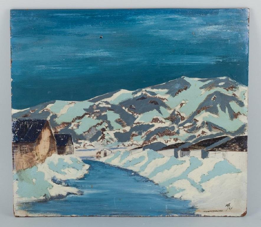 Unknown artist.
Landscape lot from Narsarssuak in Greenland.
Oil on board.
Signed in monogram RTH 1954.
In excellent condition.
Measuring: 53.5 x 47.5 cm.