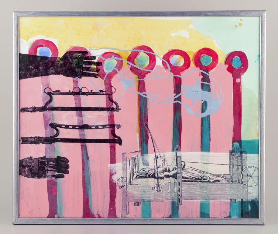 PRE-OWNED GOODS ARE EXEMPT FROM IMPORT TARIFFS FOR U.S., UK, AUSTRALIAN & CANADIAN CUSTOMERS.   
THEREFORE, NO IMPORT TARIFFS WILL BE APPLICABLE TO YOUR PURCHASE. 

Unknown artist. Mixed media. Abstract composition.
Late 20th century.
Indistinctly
