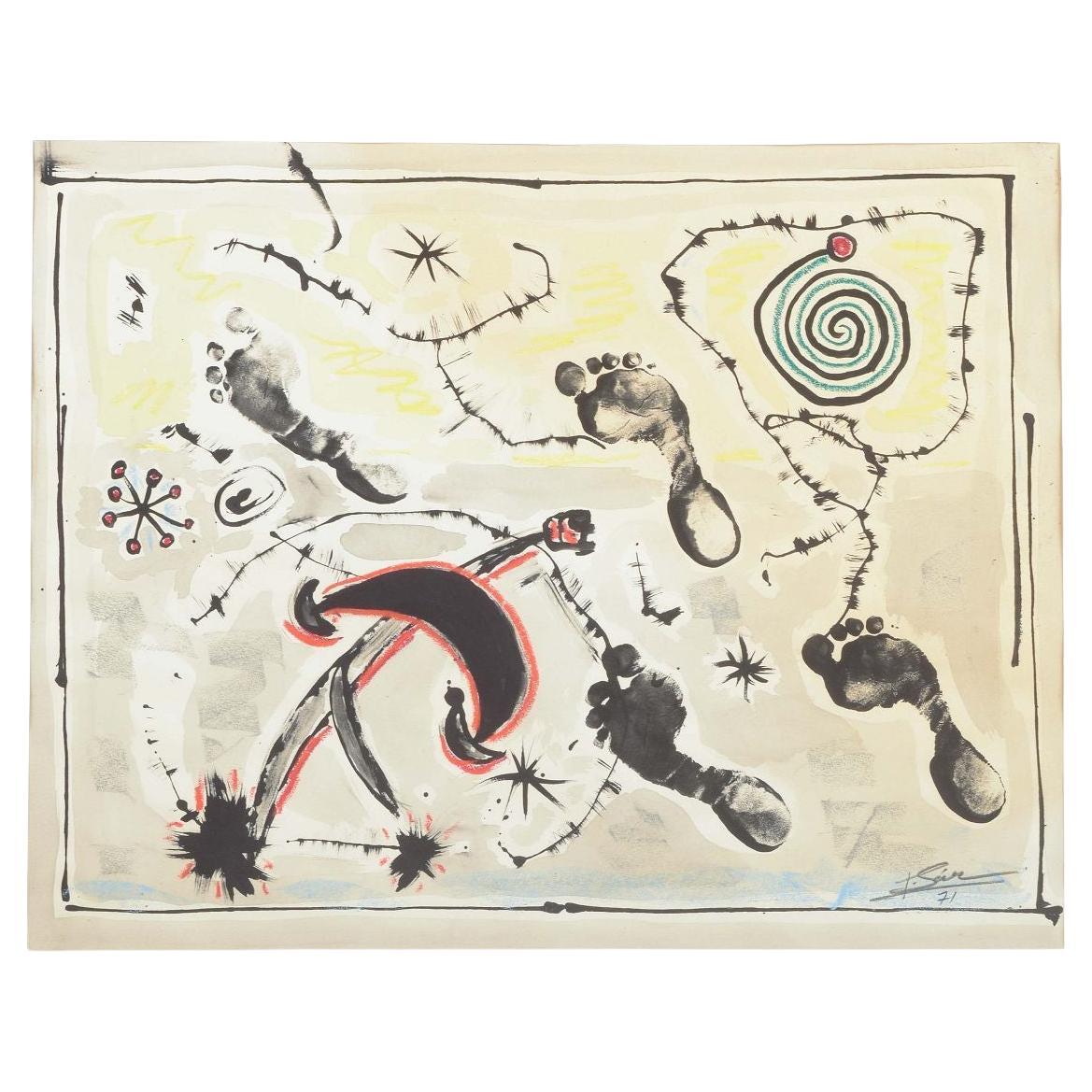 Unknown artist. Mixed media. Composition with footprints and abstract forms. For Sale