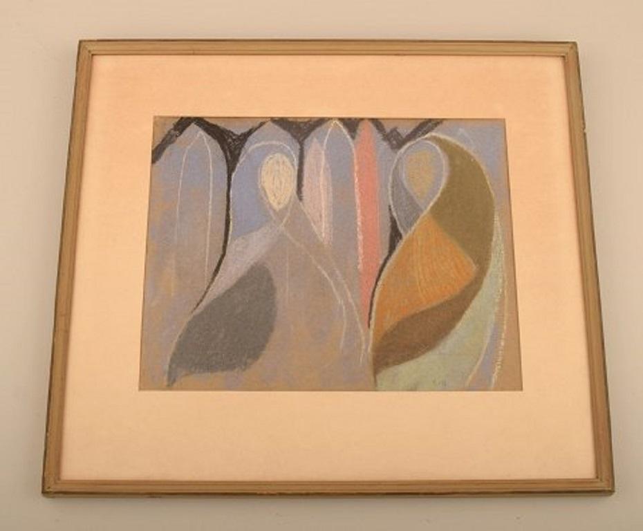 Unknown artist. Oil crayon on paper. Abstract composition. Mid-20th century.
Visible dimensions: 31.5 x 24.5 cm.
Total dimensions: 43.5 x 38 cm.
The frame measures: 1.5 cm.
In excellent condition.
Signed in monogram.