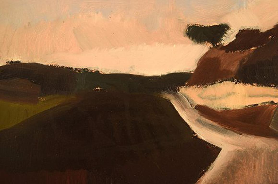Unknown artist. Oil on board. Modernist landscape, 1960s.
Indistinctly signed.
In very good condition.
The board measures: 38 x 20.5 cm.
The frame measures: 6 cm.
Separate exhibitions in Gothenburg and Stockholm.