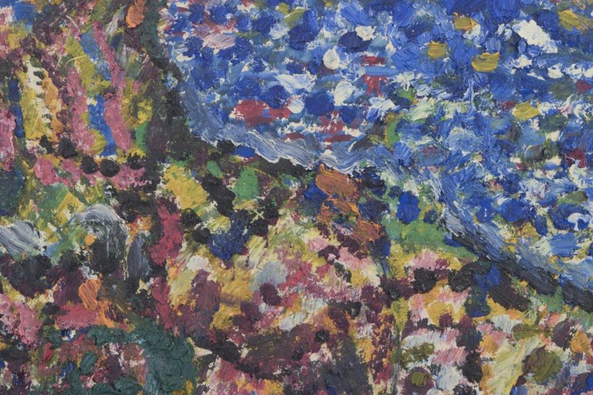 Unbekannter Künstler. Öl auf Karton. Pointillistische Landschaft. Koloristische Palette. im Zustand „Hervorragend“ im Angebot in København, Copenhagen
