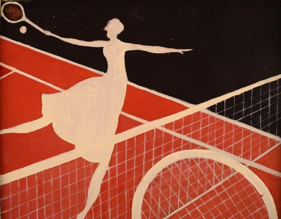 Modern Unknown Artist, Oil on Board, Woman Playing Tennis, Mid 20th Century