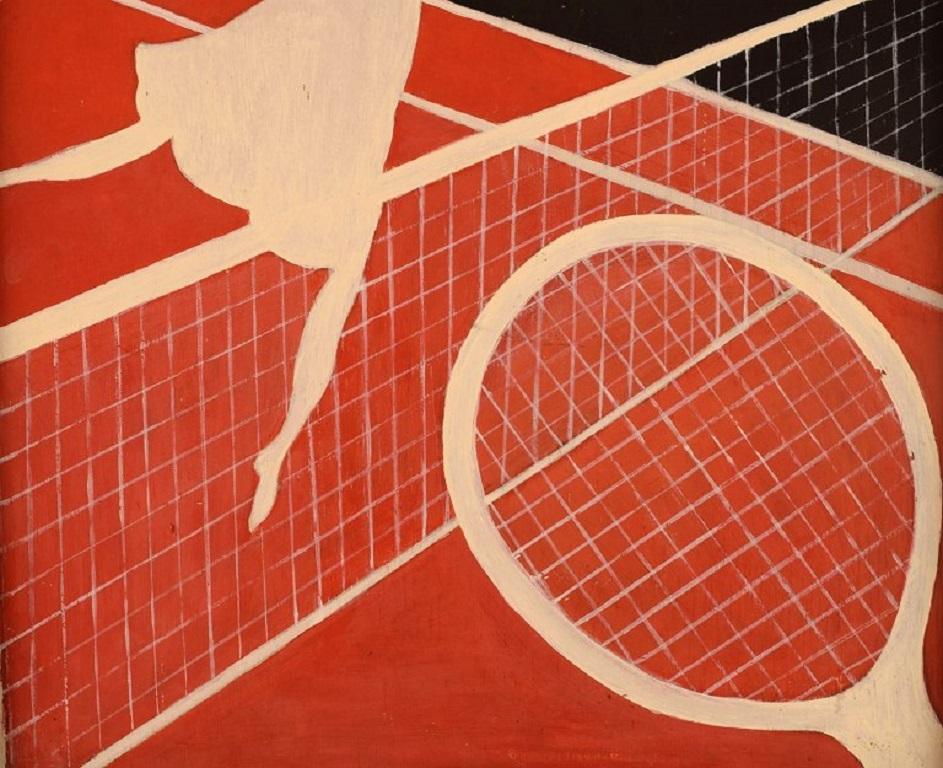 Unknown Artist, Oil on Board, Woman Playing Tennis, Mid 20th Century In Excellent Condition In Copenhagen, DK