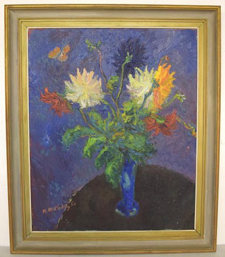 Unknown artist. Oil on canvas. Flower bouquet on table painted in modernist style. Coloristic palette. Ca. 1950.
In very good condition.
Signed.
The canvas measures: 85 x 69 cm.
The frame measures: 8.5 cm.