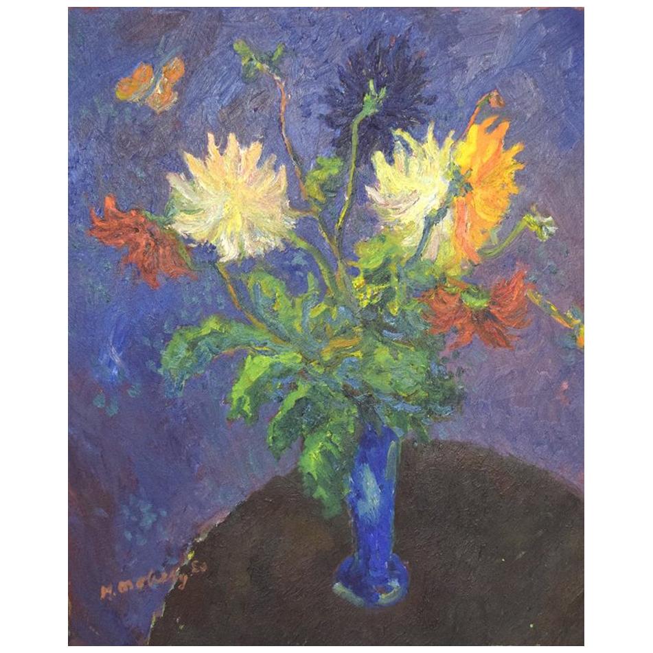 Unknown Artist, Oil on Canvas, Flower Bouquet on Table Painted in Modernist Styl