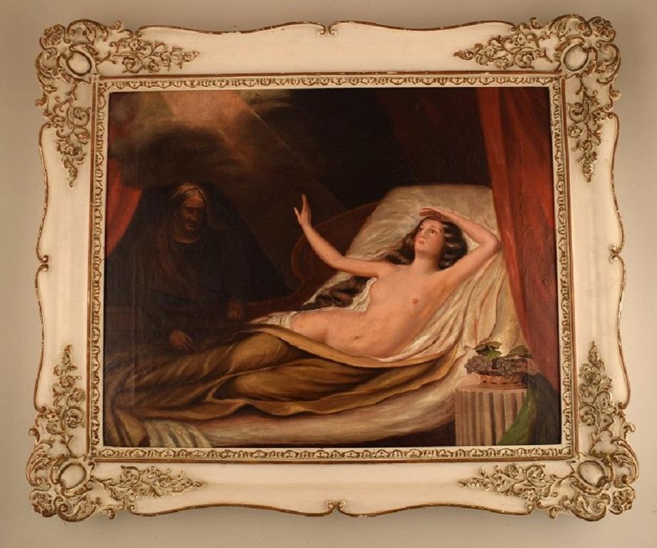 Unknown artist. Oil on canvas. 
Nude woman in bed. Mythological Danae.
19th century.
The canvas measures: 70 x 56 cm.
The frame measures: 10 cm.
In excellent condition. Crackles.
