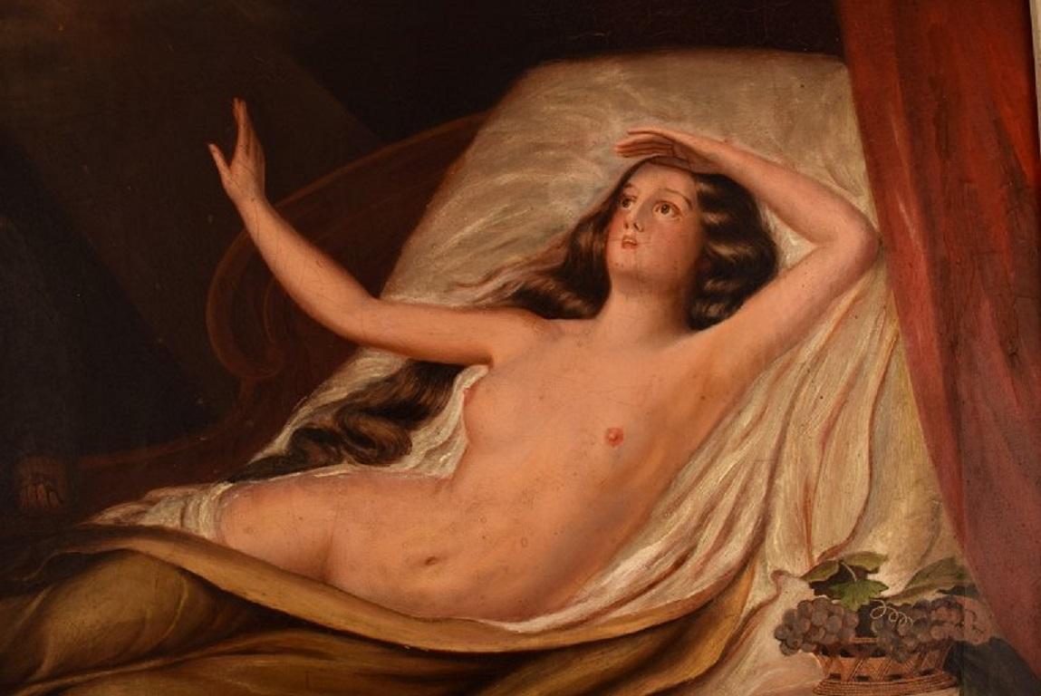 Inconnu Artiste inconnu, huile sur toile, femme nue au lit, Danaé mythologique, 19ème C. en vente