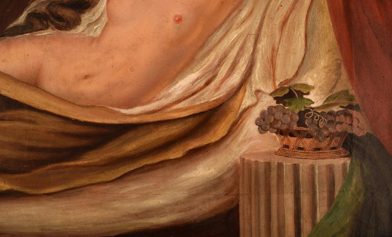 Artiste inconnu, huile sur toile, femme nue au lit, Danaé mythologique, 19ème C. Excellent état - En vente à Copenhagen, DK