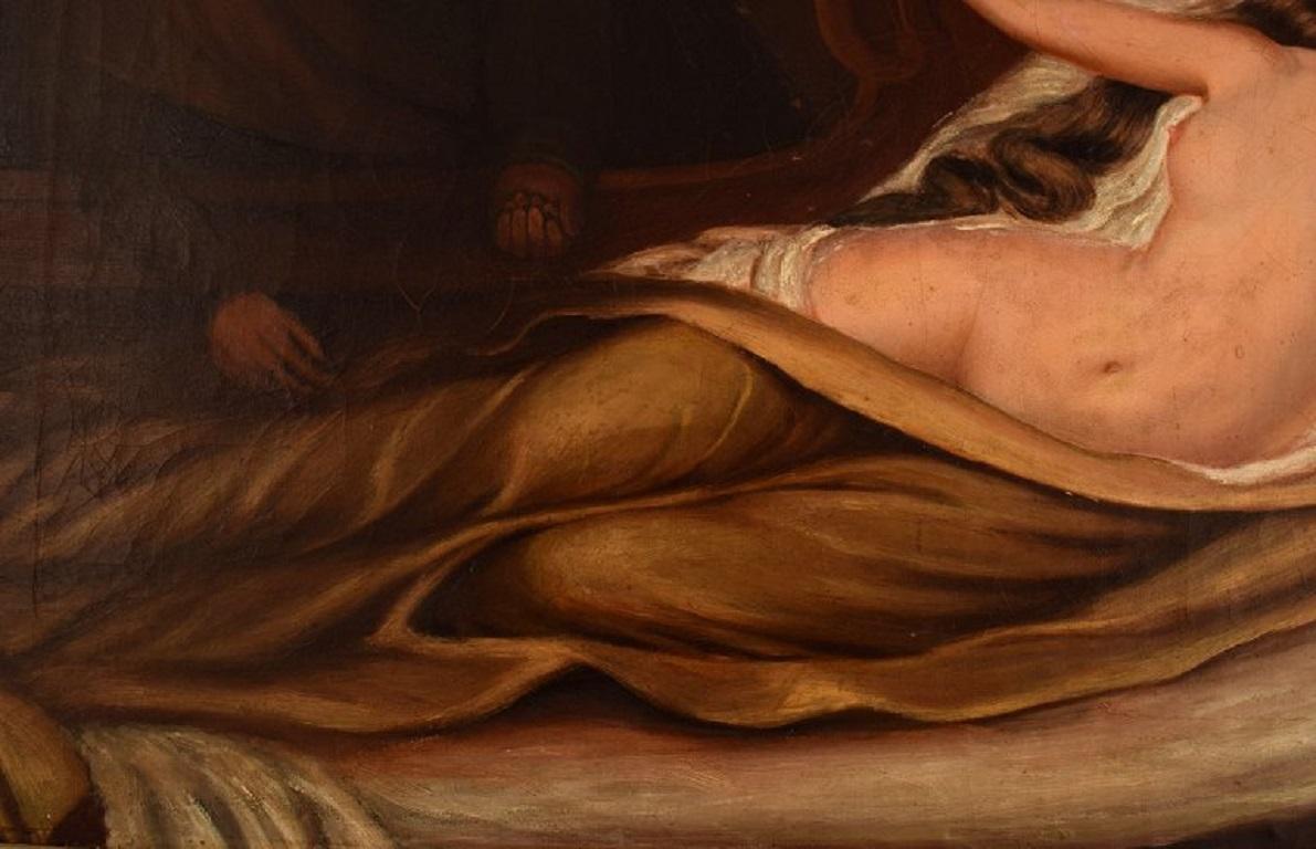 XIXe siècle Artiste inconnu, huile sur toile, femme nue au lit, Danaé mythologique, 19ème C. en vente