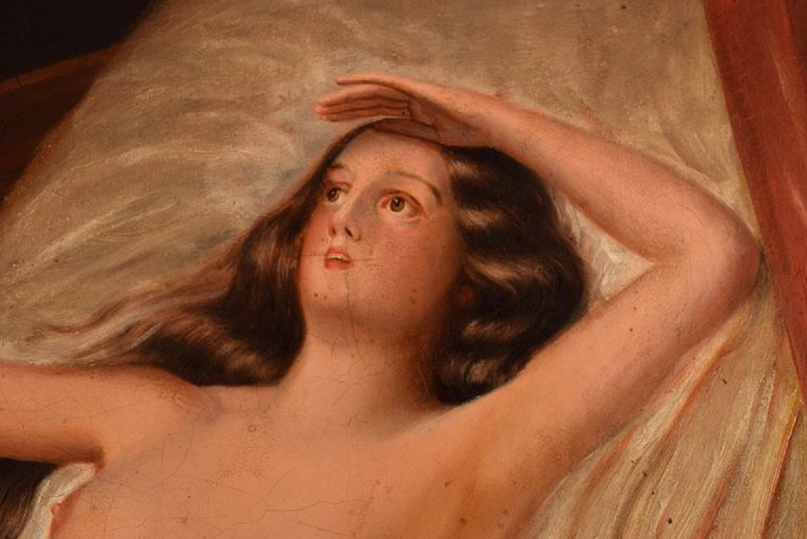 19th Century Unknown Artist, Oil on Canvas, Nude Woman in Bed, Mythological Danae, 19th C For Sale