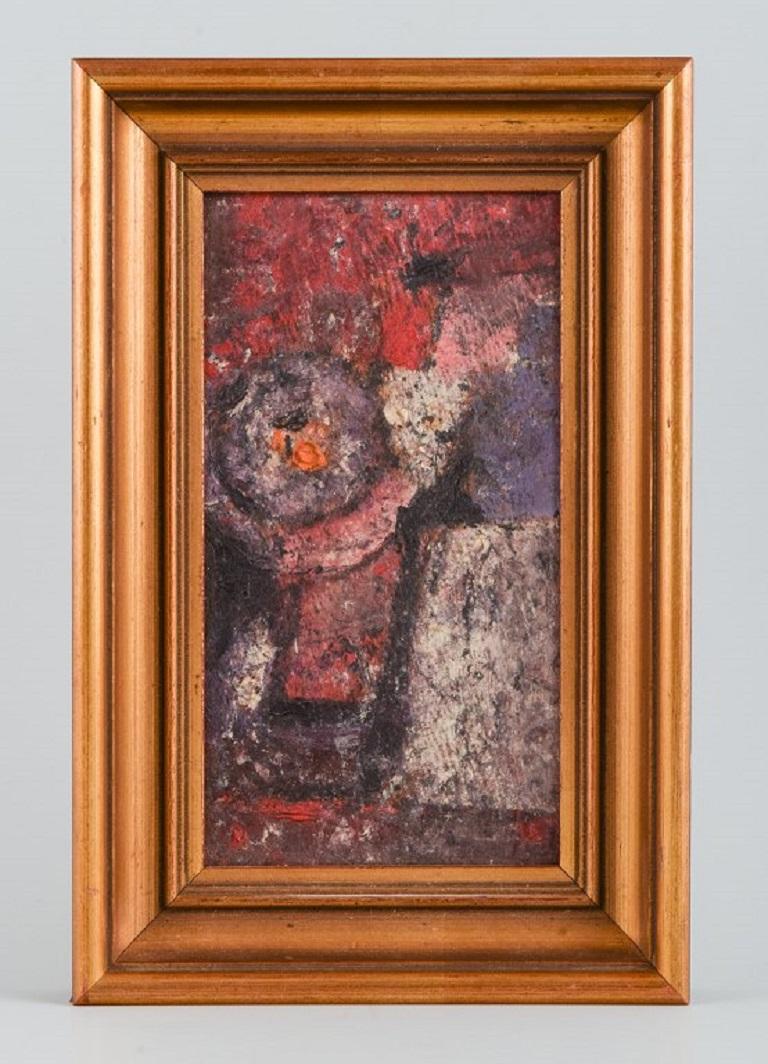 Unknown artist, probably French. Oil on panel. Abstract still life. 
Flowers in a vase on a table.
Unsigned.
Approx. 1960s.
In perfect condition.
Visual dimensions: W 11.0 x 20.5 cm.
Total dimensions: 28.0, x 19.0 cm.