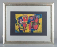 Unknown artist. Oil on paper in Cobra style. Two abstract figures.