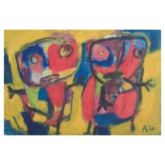 Unknown artist. Oil on paper in Cobra style. Two abstract figures.