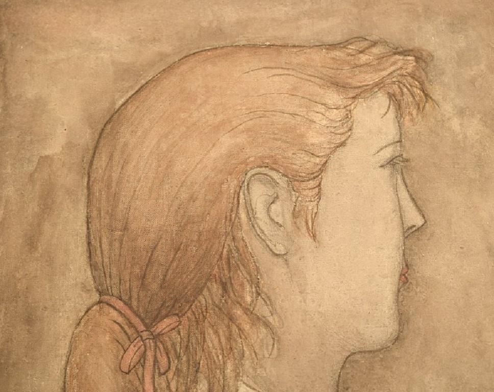 Unknown Artist, Pencil and Watercolor on Cardboard, Portrait of Young Woman In Excellent Condition For Sale In Copenhagen, DK