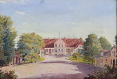 Unknown British painter. Oil on panel. Landscape with a manor house