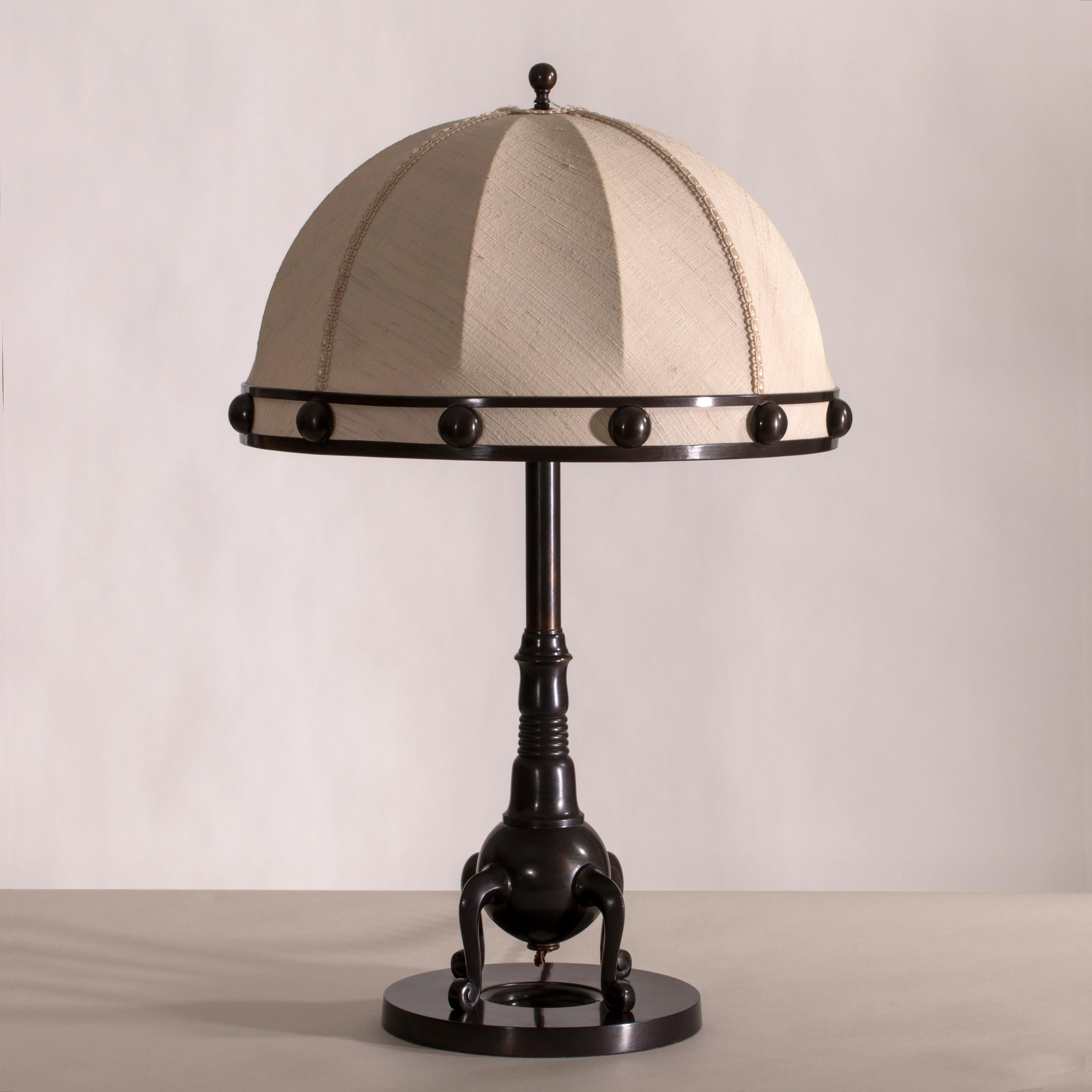 Unknown Designer, an Unusual Swedish Art Deco Patinated Brass Table Lamp In Fair Condition For Sale In Philadelphia, PA