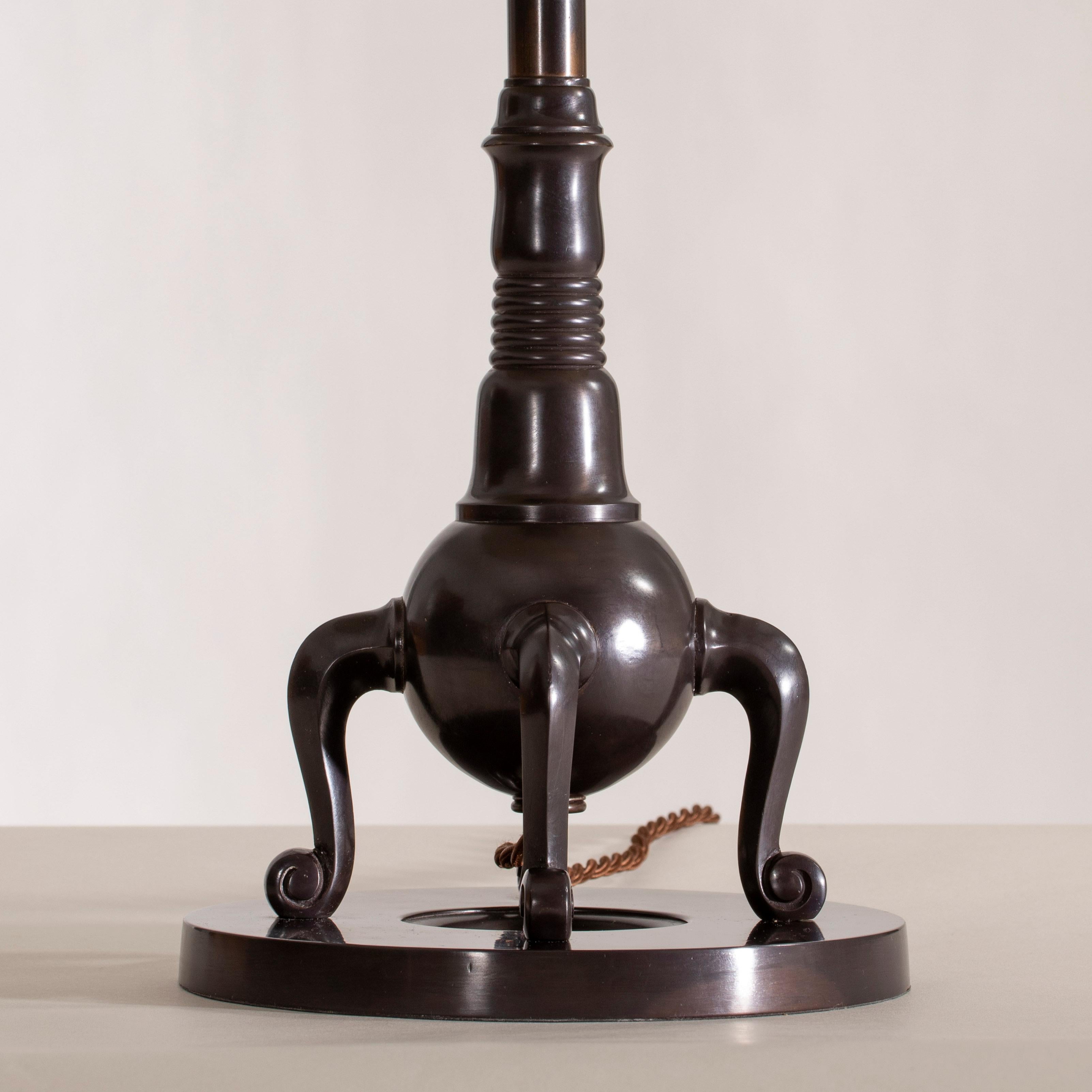 20th Century Unknown Designer, an Unusual Swedish Art Deco Patinated Brass Table Lamp For Sale