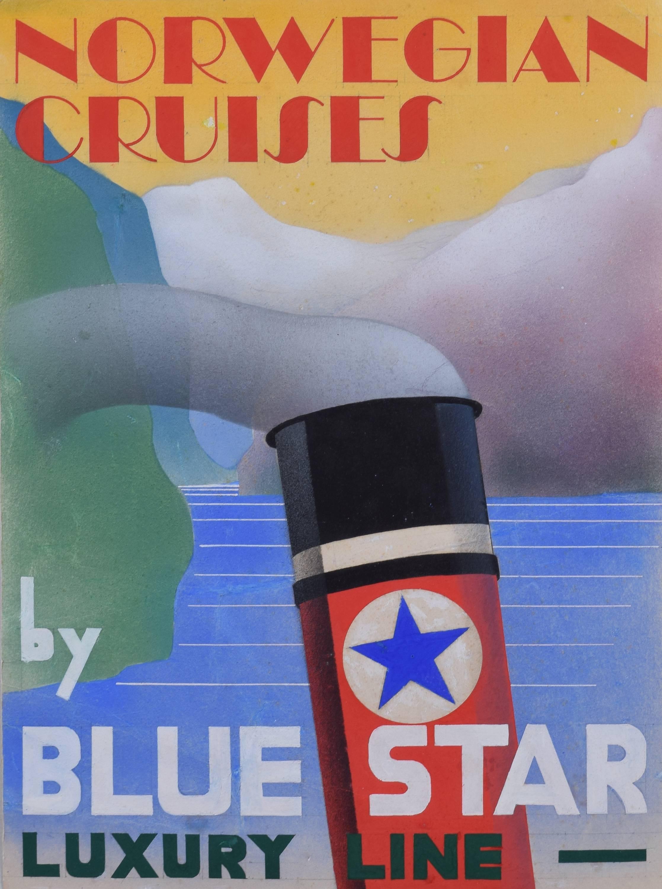 Unknown Landscape Art - 1930s Art Deco design for poster for Norwegian Cruises by Blue Star Luxury Line