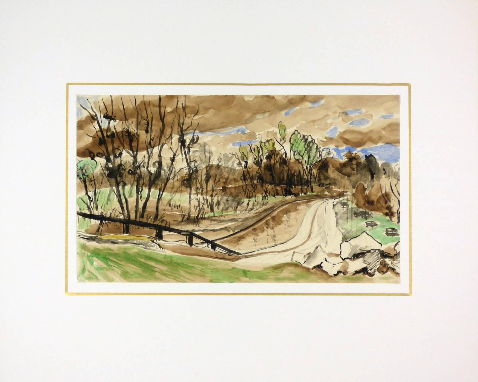 Browns and greens intermingle in this French watercolor of a country road and surrounding landscape, circa 1950. Patches of soft blue break through the clouds on the horizon, as the sinuous road and bending trees lend a sense of movement to the
