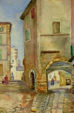 French Watercolor of Mediterranean Village