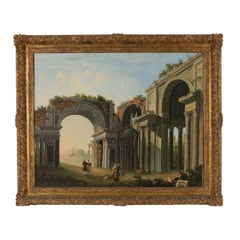 Landscape with Ruins and Characters Oil on Canvas End of 1700 - Early 1800