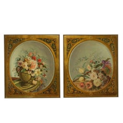 Pair of Still Lives with Flowers Brass Frames 19th Century