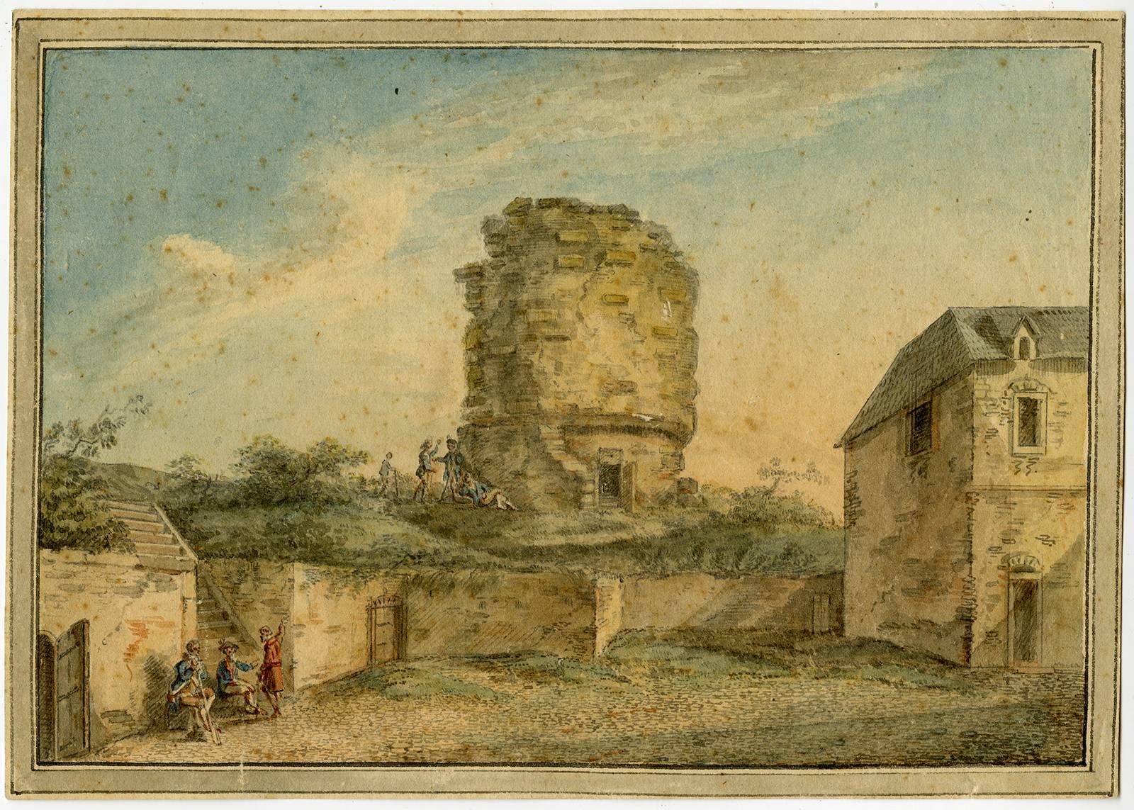 Unknown Landscape Art – Untitled - View of an old citywall with ruined tower. Two groups of figures.