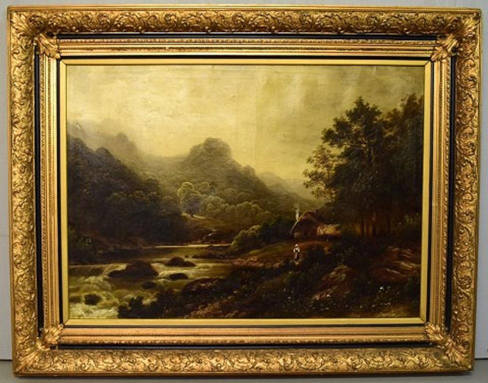 Unknown European artist. Oil on canvas. 
A river landscape with mountains in the background and a person. 
19th century.
In the Romanticism style.
Large wide gilded gold frame in high quality and beautiful condition.
The canvas measures: 89 x