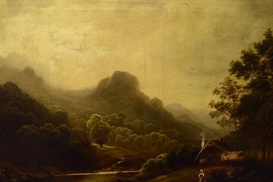 Unknown European Artist, Oil on Canvas, River Landscape with Mountains In Good Condition In Copenhagen, DK