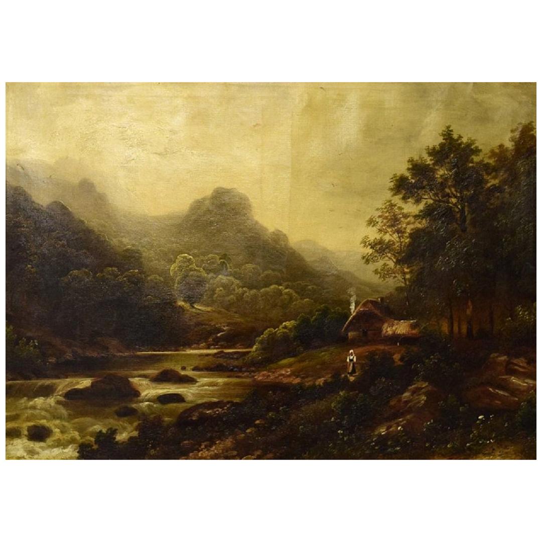 Unknown European Artist, Oil on Canvas, River Landscape with Mountains