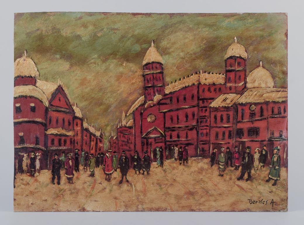 PRE-OWNED GOODS ARE EXEMPT FROM IMPORT TARIFFS FOR U.S., UK, AUSTRALIAN & CANADIAN CUSTOMERS.   
THEREFORE, NO IMPORT TARIFFS WILL BE APPLICABLE TO YOUR PURCHASE. 

Unknown European artist.
Oil on cardboard.
Snow-covered cityscape with people in