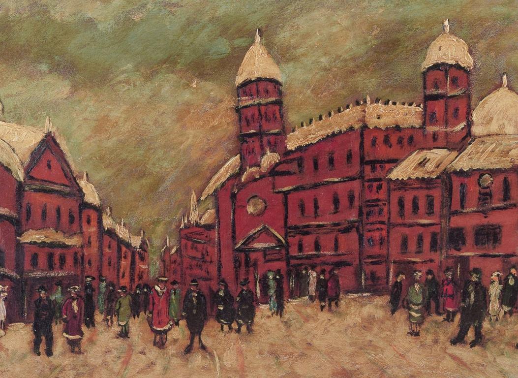 Unknown European artist. Oil on cardboard. Snow-covered cityscape with people. In Good Condition For Sale In København, Copenhagen