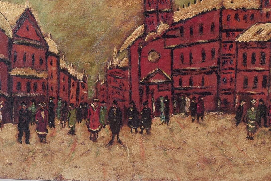 Mid-20th Century Unknown European artist. Oil on cardboard. Snow-covered cityscape with people. For Sale