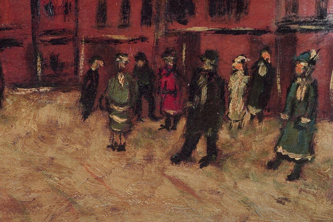 Other Unknown European artist. Oil on cardboard. Snow-covered cityscape with people. For Sale