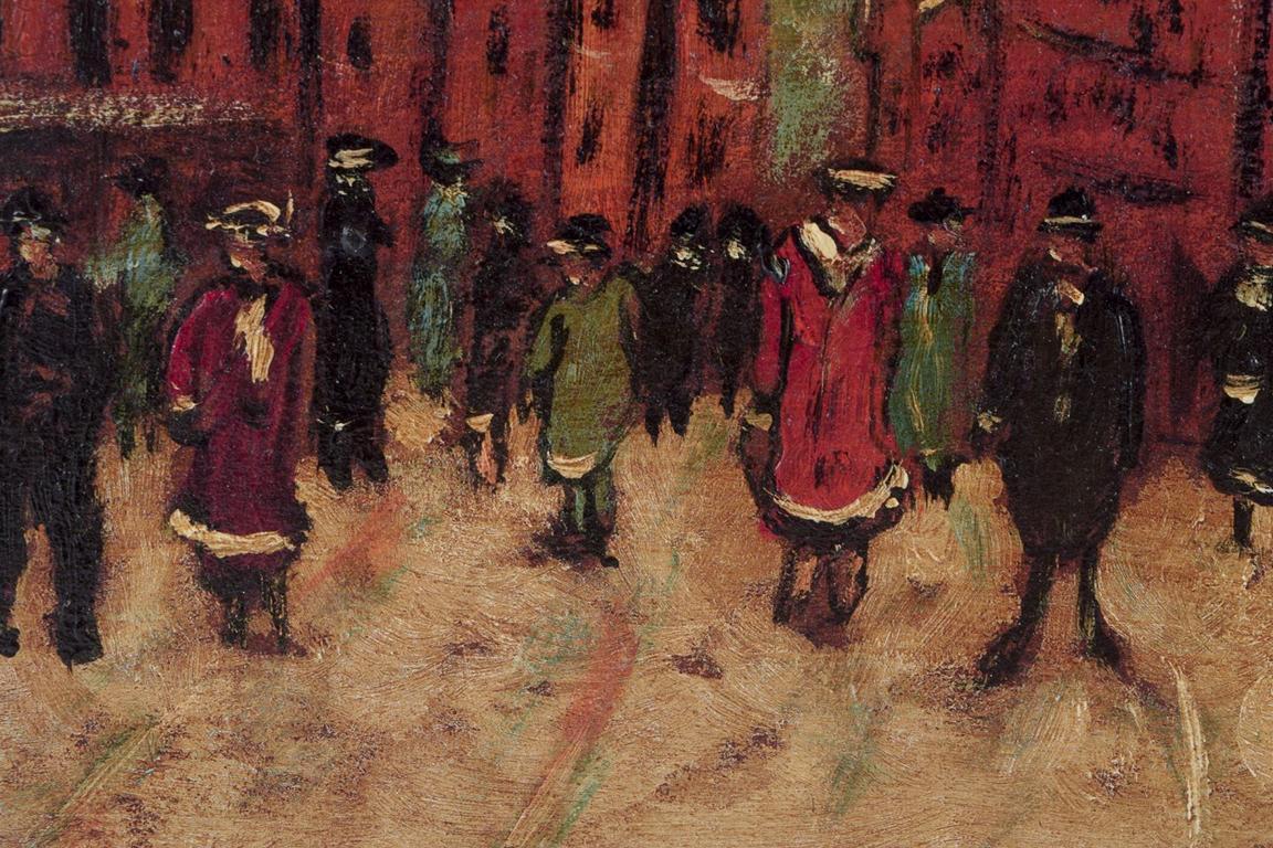 Unknown European artist. Oil on cardboard. Snow-covered cityscape with people. For Sale 1