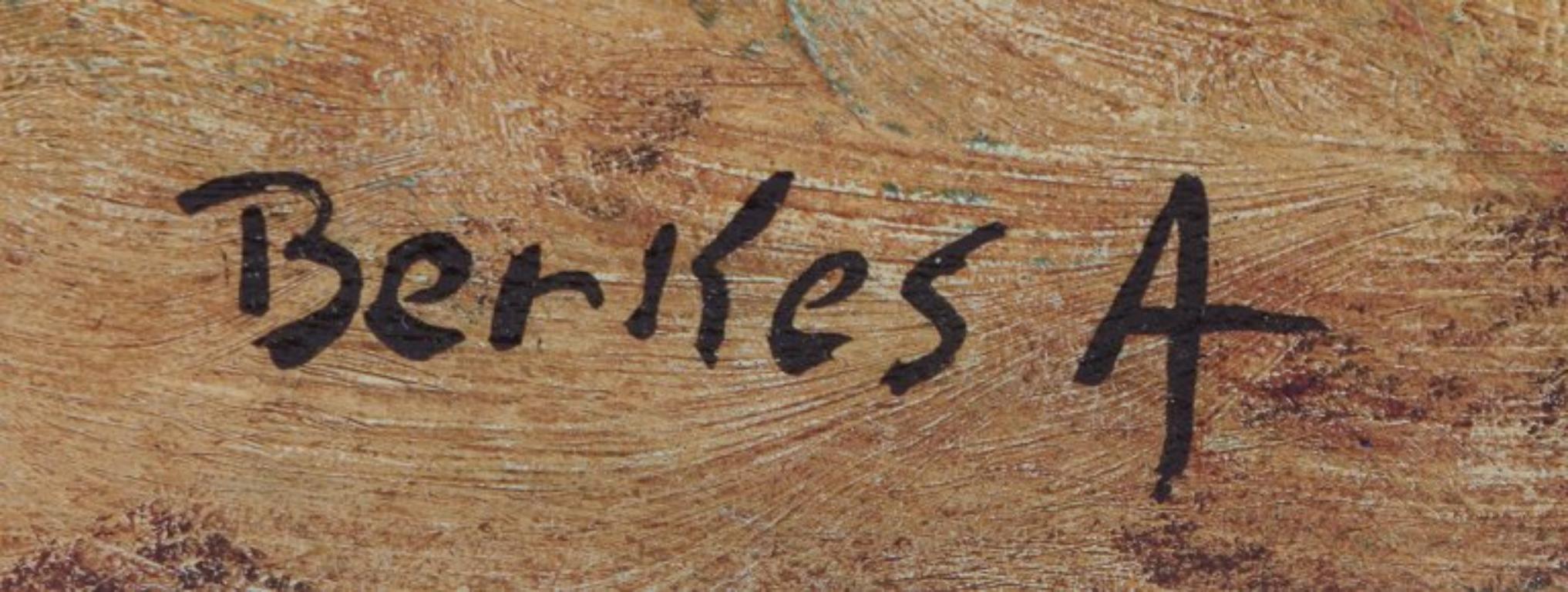 Unknown European artist. Oil on cardboard. Snow-covered cityscape with people. For Sale 2