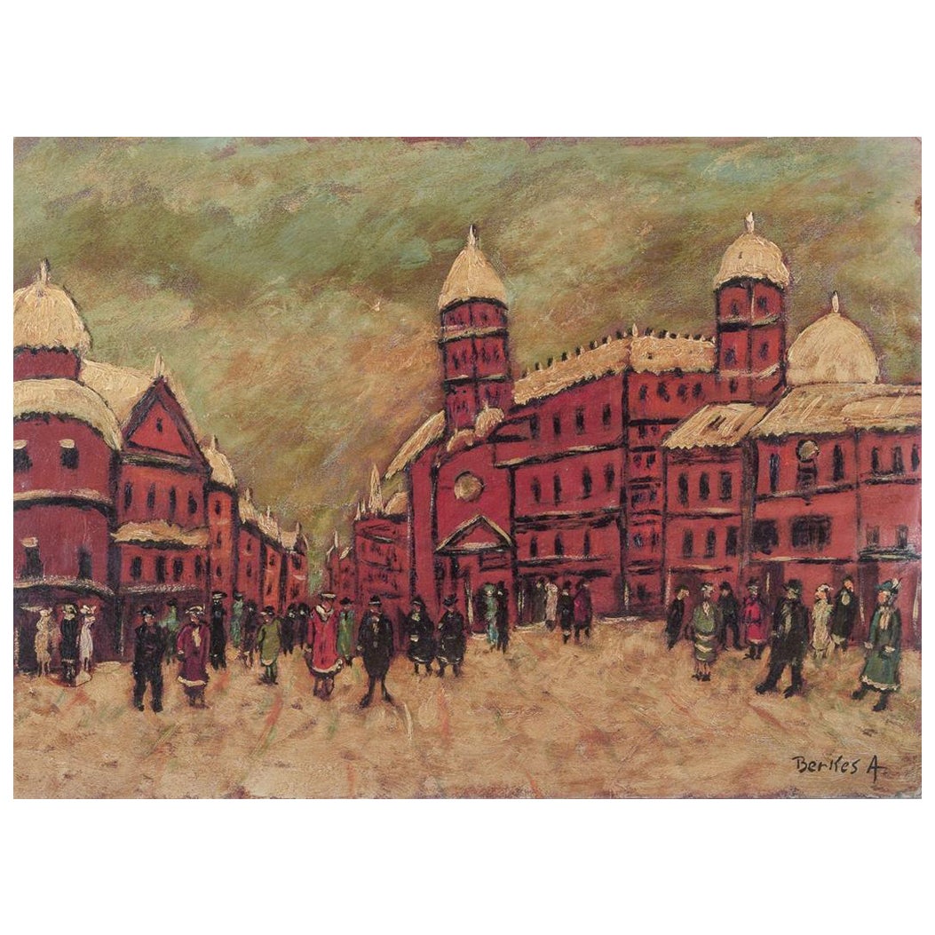 Unknown European artist. Oil on cardboard. Snow-covered cityscape with people. For Sale