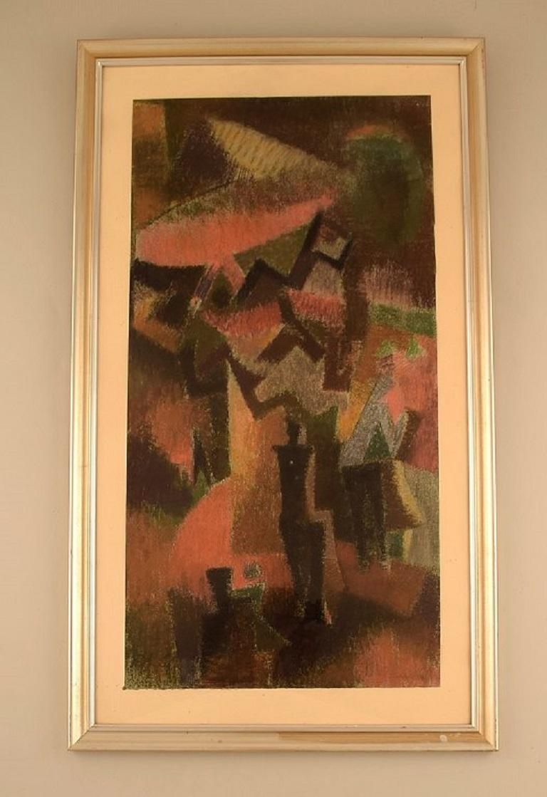 Unknown European artist. Watercolor on paper. Abstract composition. 
Mid-20th century. 
Visible dimensions: 61 x 31.5 cm.
Overall dimensions: 68.5 x 37.5 cm.
The frame measures: 2.7 cm.
In excellent condition.
Signed illegible.