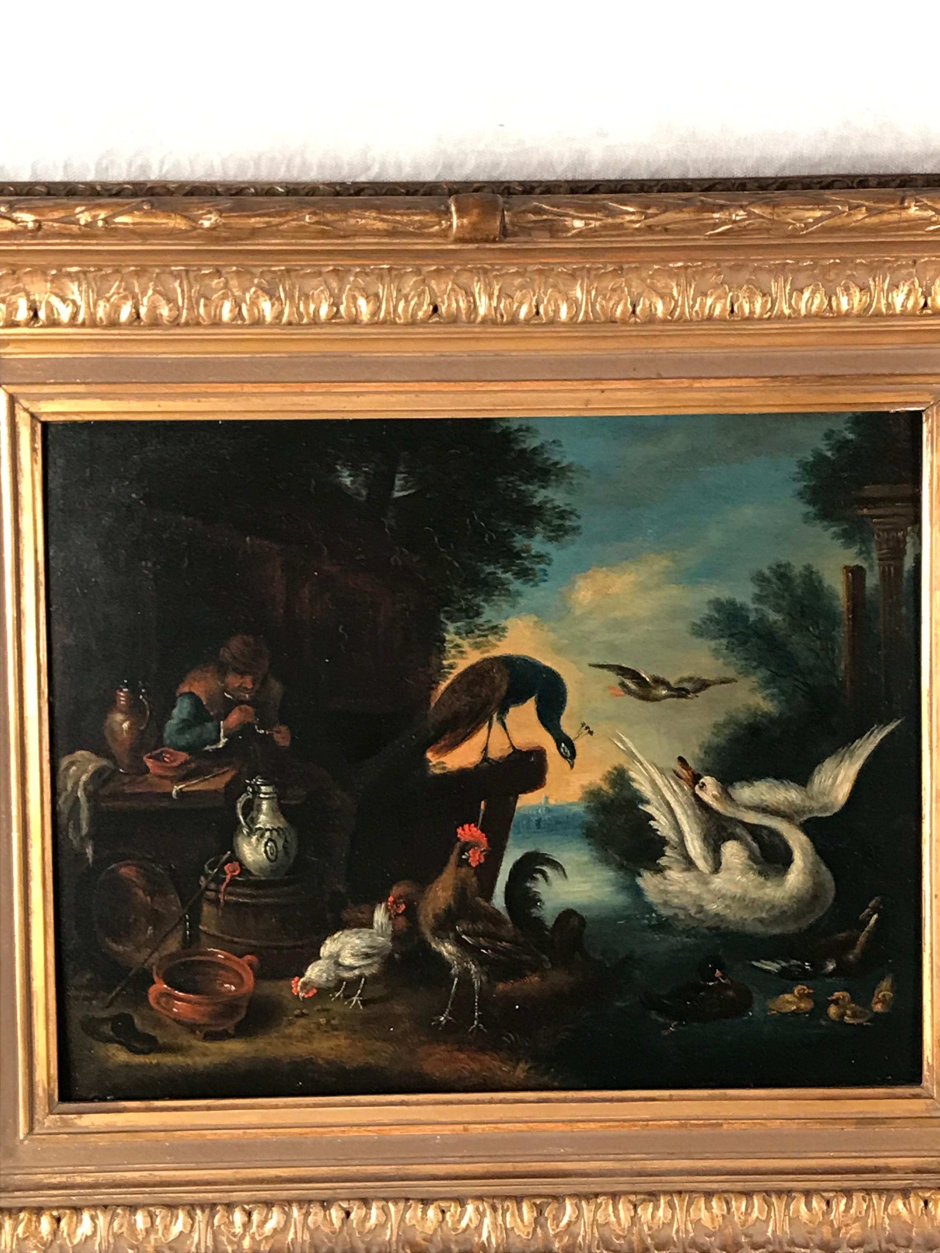 Artiste flamand inconnu, Belgique 18e siècle. Dans la partie droite du tableau, l'artiste a représenté un homme assis devant une taverne. Il est entouré de pichets et d'assiettes en faïence baroque de Delft. La partie droite de la peinture montre