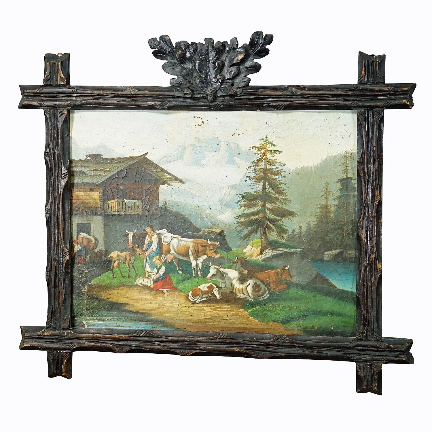 Oil painting folksy scenery with cattles, goats and farmer's wifes, ca. 1900s

A colorful antique oil painting depicting a bavarian farmers family with their cattles and goats. The scene is located beside an mountain lake in the alpine landscape.