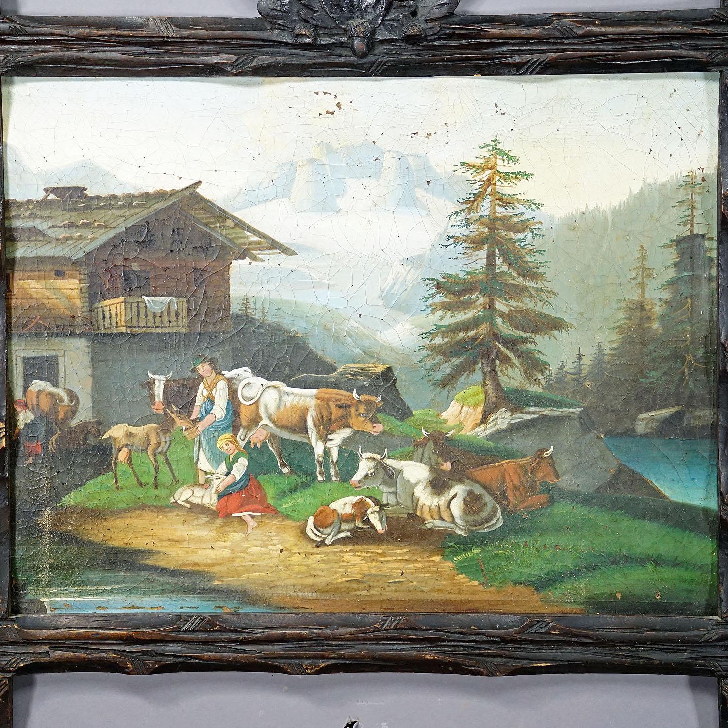 Biedermeier Unknown, Folksy Scenery with Cattles, Goats and Farmer's Wifes, Ca. 1900s en vente