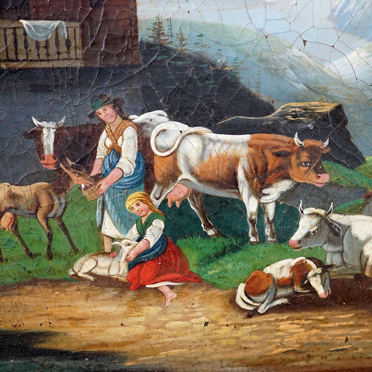 Biedermeier Unknown, Folksy Scenery with Cattles, Goats and Farmer's Wifes, Ca. 1900s For Sale