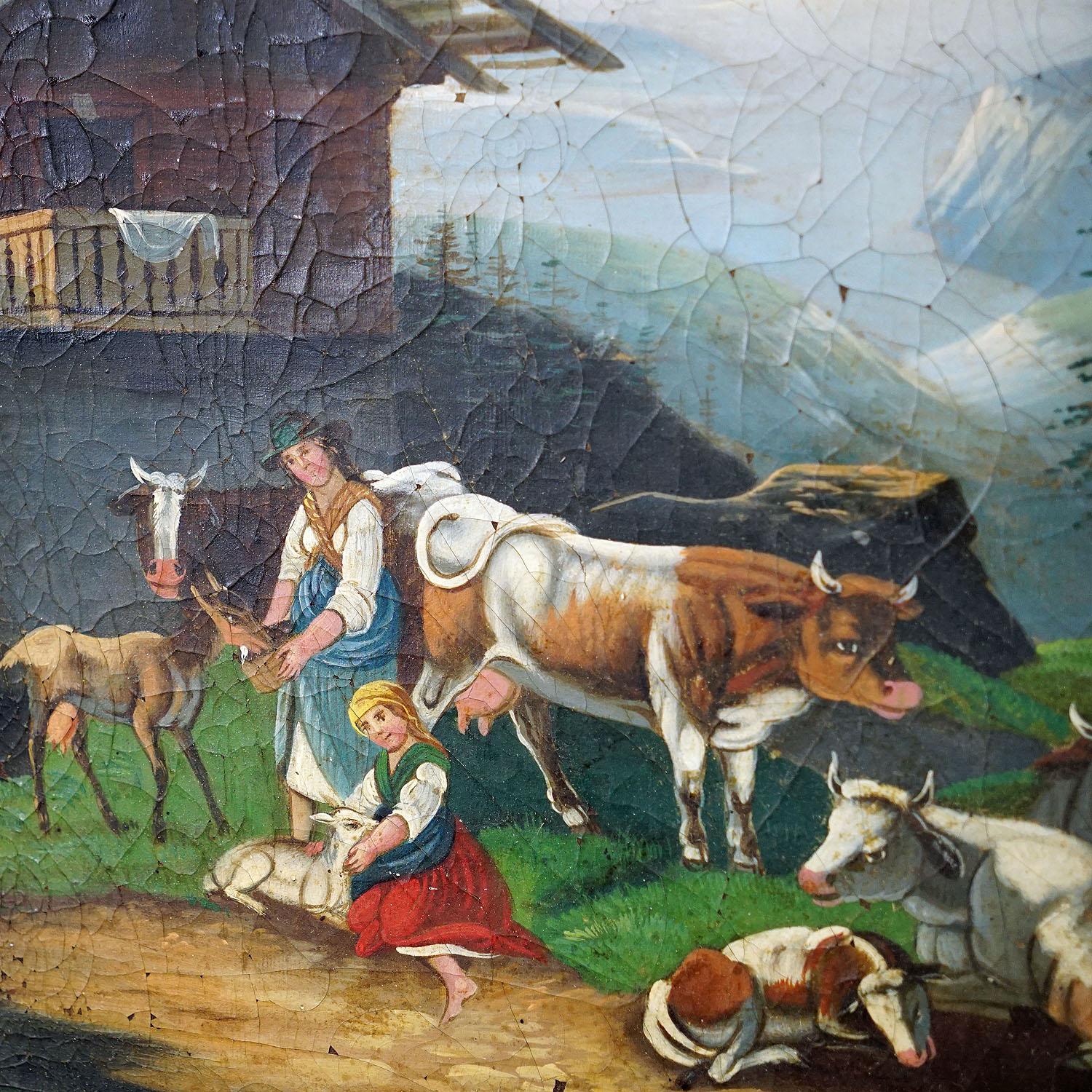 Painted Unknown, Folksy Scenery with Cattles, Goats and Farmer's Wifes, Ca. 1900s For Sale