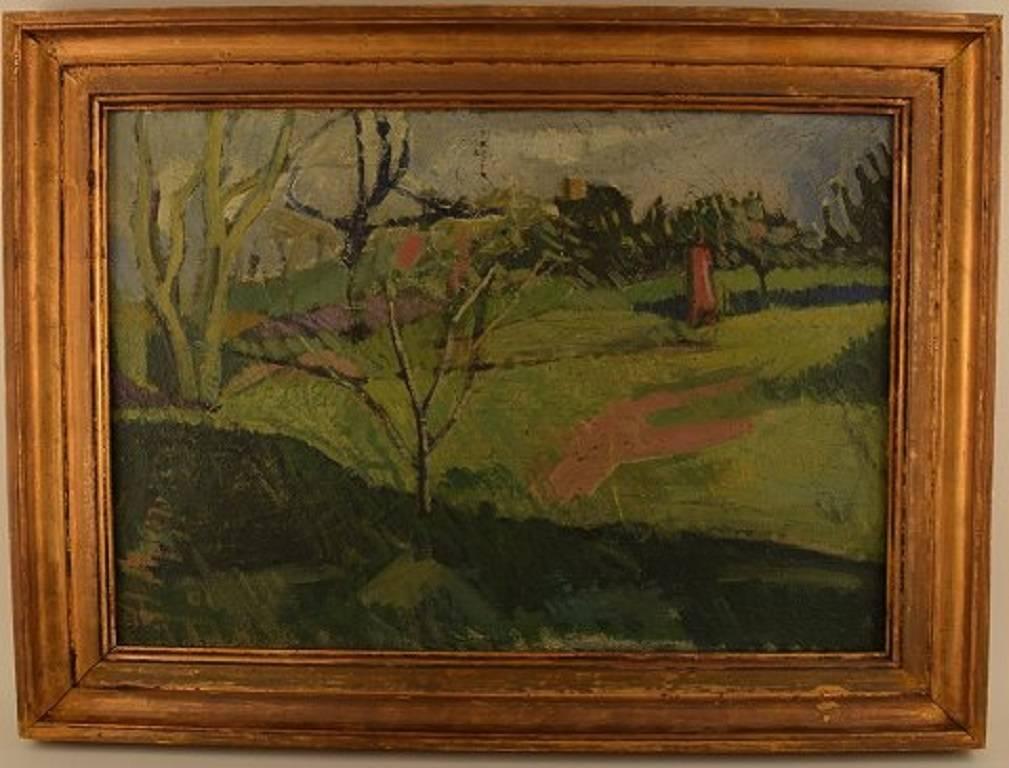 Unknown French artist, modernist landscape, 1944.
Oil on canvas.
In very good condition.
Illegible signed.
Measures: (ex. the frame) 54 x 37 cm. The frame measures 7 cm.