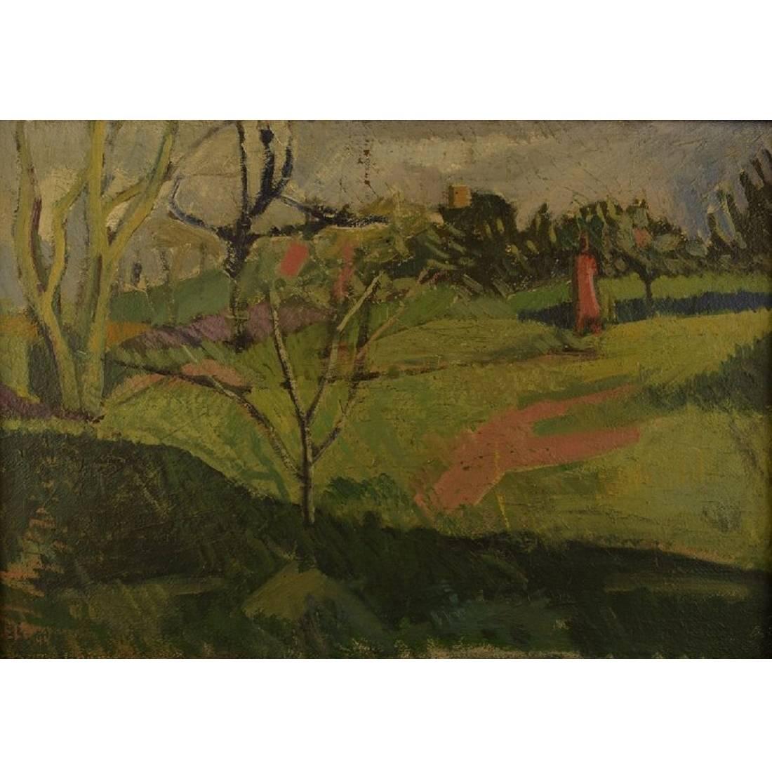 Unknown French Artist, Modernist Landscape, 1944, Oil on Canvas