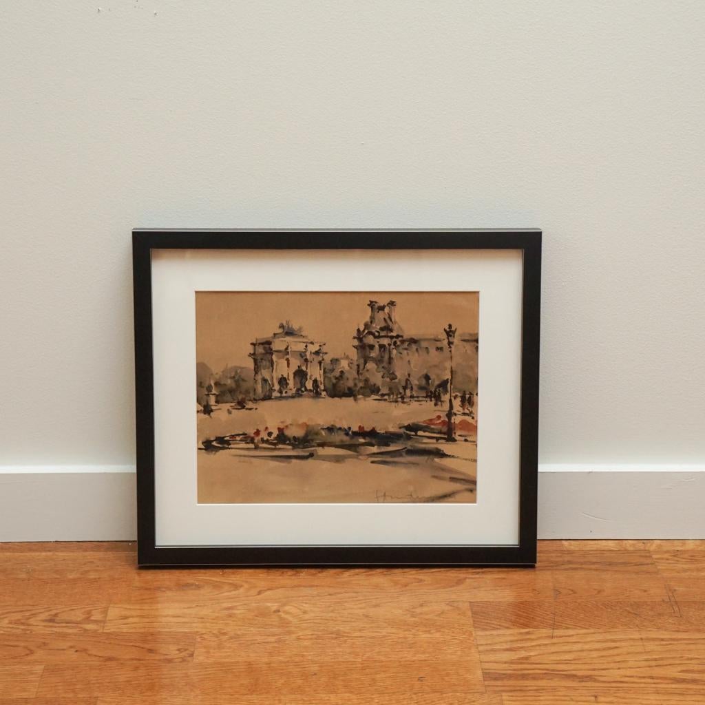 Architectural landscape watercolor with sepia color tones